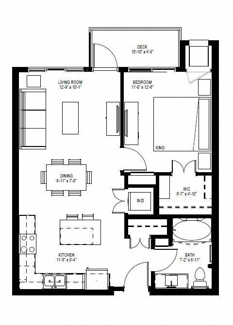 Floor plan for 1 bed, 1 bath, 664 sqft